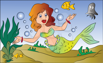 Vector illustration of a mermaid swimming underwater in sea.