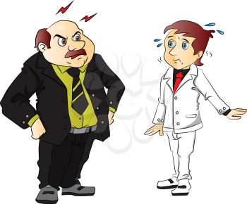 Vector illustration of angry boss scolding young employee.