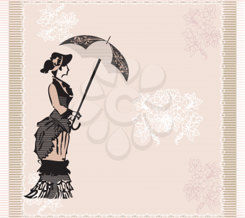 Vintage invitation card with ornate elegant abstract floral design, woman with umbrella and grapes, black on pink. Vector illustration.