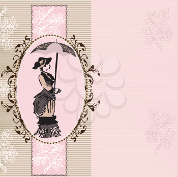 Vintage invitation card with ornate elegant abstract floral design, woman with umbrella and grapes on gray and pink stripes. Vector illustration.