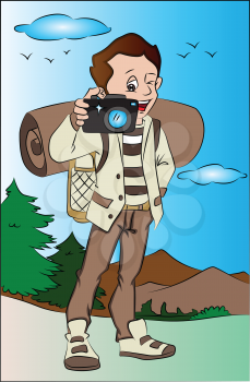 Vector illustration of happy young man taking pictures using digital camera.