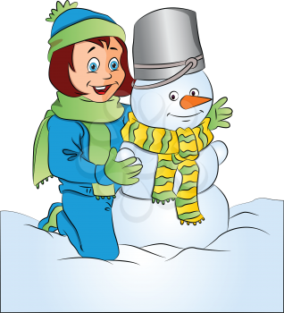 Vector illustration of happily surprised woman with snowman