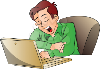 Vector illustration of tired businessman yawning while using laptop at office.