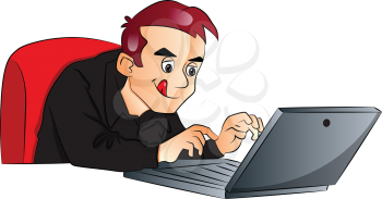 Vector illustration of businessman using laptop at office.
