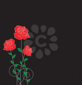 Vintage invitation card with elegant abstract floral design, red rose flowers on black. Vector illustration.