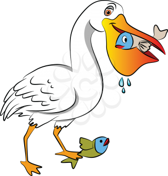 Vector illustration of duck with one fish in beak and the other below her foot.