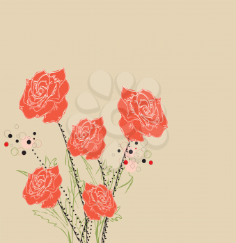 Vintage invitation card with elegant grunge abstract floral design, red rose flowers on gray. Vector illustration.