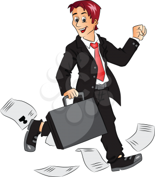 Vector illustration of happy businessman holding briefcase and celebrating success.