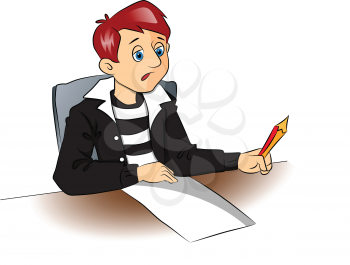 Vector illustration of a thoughtful college student with pencil and a blank paper.
