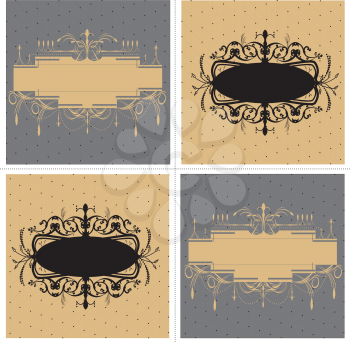Set of four (4) vintage labels with ornate elegant abstract floral designs, black brown gray. Vector illustration.
