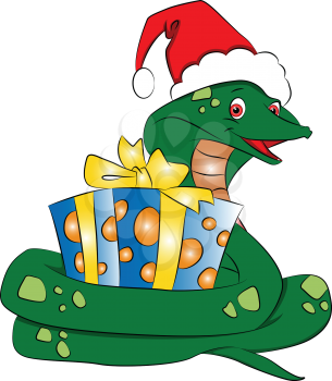 Vector illustration of Santa snake with Christmas gift, isolated on white.