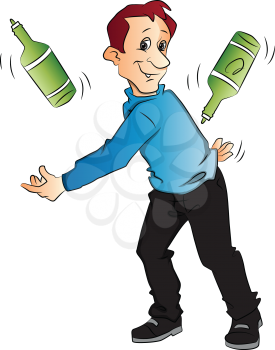 Vector illustration of confident young man juggling bottles on white background.