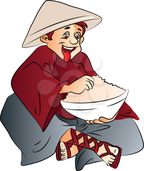 Vector illustration of excited young man with a bowl of food, wearing conical hat.