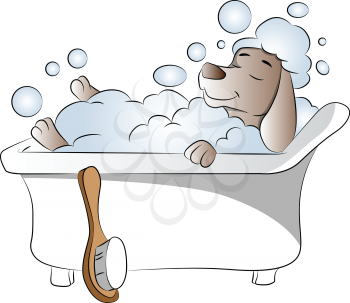 Vector illustration of dog taking bath in bathtub, eyes closed.