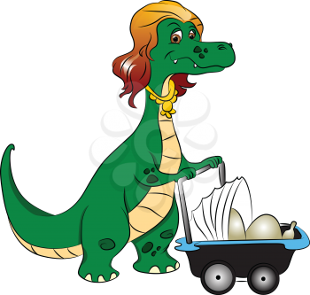 Vector illustration of a careful mother dinosaur pushing with stroller with eggs in it.