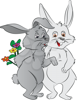 Vector of two happy and curious rabbits holding flowers behind back.