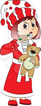 Vector illustration of cute girl wearing Santa hat, holding teddy bear and brushing her teeth.