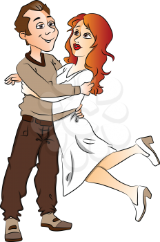 Vector illustration of happy young man lifting his girlfriend.