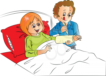 Vector illustration of man writing on happy wife's plaster cast, relaxing on bed.