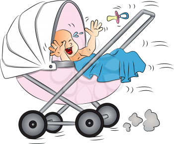 Vector illustration of baby crying in pram.