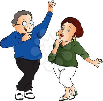 Vector illustration of husband and wife dancing against white background.