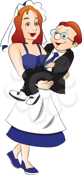 Vector illustration of newlywed bride lifting her man.