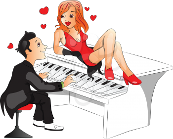 Vector of attractive woman lying on top of a piano while boyfriend plays.