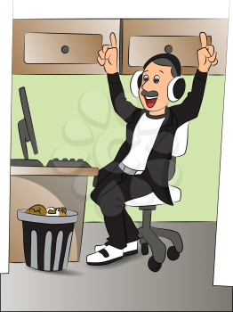 Vector illustration of happy man listening to music on headphones in front of office computer.