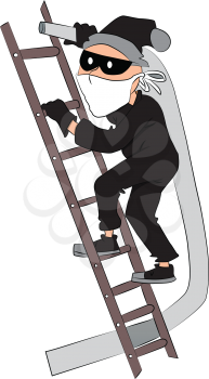 Vector illustration of burglar climbing ladder with pipe in hand.
