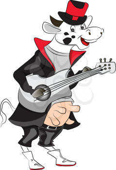 Vector illustration of happy cow playing guitar.