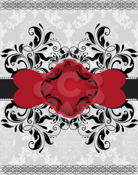 Vintage invitation card with ornate elegant abstract floral design, black and red on gray with ribbon. Vector illustration.