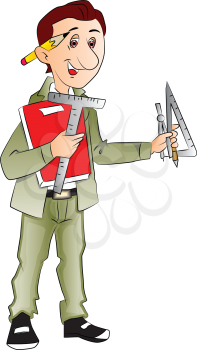 Vector of architect with measurement tools and book.