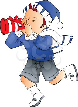 Vector illustration of boy wearing santa hat and blowing party horn blower.