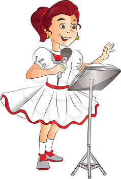 Vector of happy girl singing on mike at lectern.