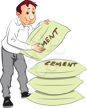 Vector of construction worker holding heavy cement sack.
