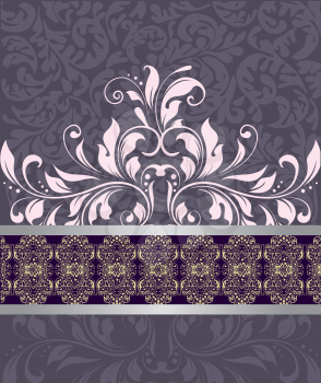 Vintage invitation card with ornate elegant abstract floral design, pink on purple. Vector illustration.