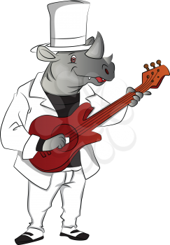 Vector illustration of happy rhinoceros wearing hat and playing guitar.