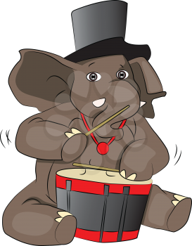 Vector illustration of elephant wearing hat and drumming.