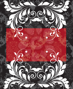 Vintage background with ornate elegant abstract floral design, red and white on black and gray. Vector illustration.