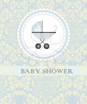 Vintage baby shower invitation card with ornate elegant abstract floral design, pale yellow on pale blue with baby carriage on cake. Vector illustration.