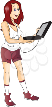 Vector illustration of fit young woman listening to music, using laptop and headphones.