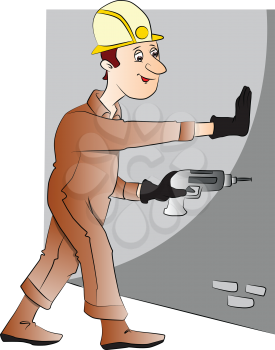 Vector illustration of construction worker drilling the wall with electric drill.