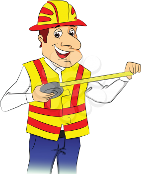 Vector illustration of a happy repairman wearing hardhat and holding tape measure.