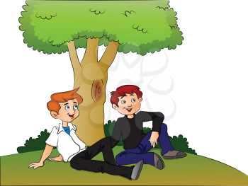 Vector illustration of curious boys relaxing under a tree.