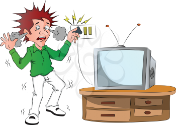 Vector of boy receiving an electric shock while touching television switch after short circuit.
