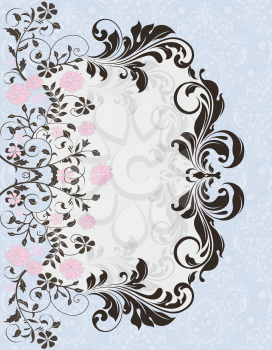 Vintage invitation card with ornate elegant abstract floral design, pink flowers on pale blue and gray. Vector illustration.