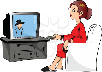Vector illustration of woman watching television at home.