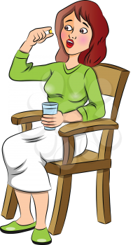 Vector illustration of a scared and sick patient taking a pill.