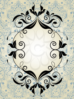 Vintage invitation card with ornate elegant abstract floral design, black and pale blue on gray. Vector illustration.
