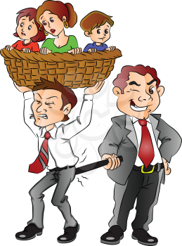 Vector illustration of boss pulling back employee who is trying to escape for his family.